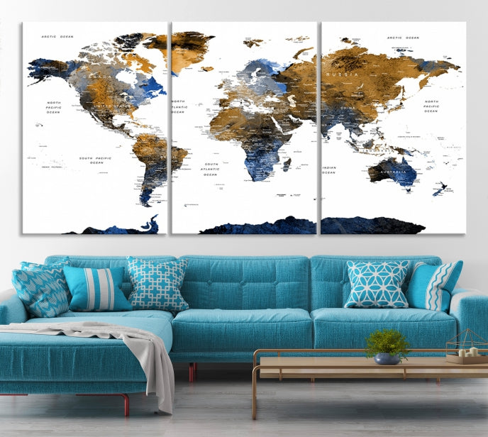 Extra Large Dark Colored Blue Brown World Map Wall Art Canvas Print