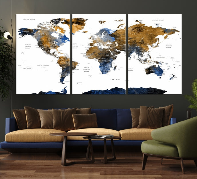 Extra Large Dark Colored Blue Brown World Map Wall Art Canvas Print