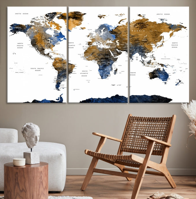 Extra Large Dark Colored Blue Brown World Map Wall Art Canvas Print