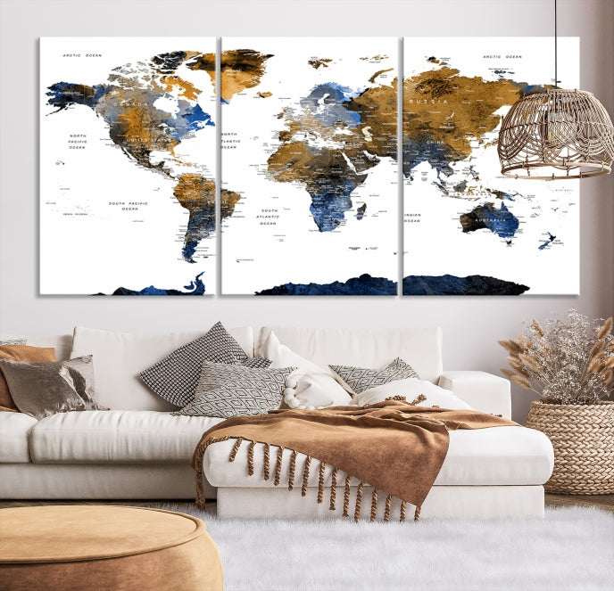 Extra Large Dark Colored Blue Brown World Map Wall Art Canvas Print