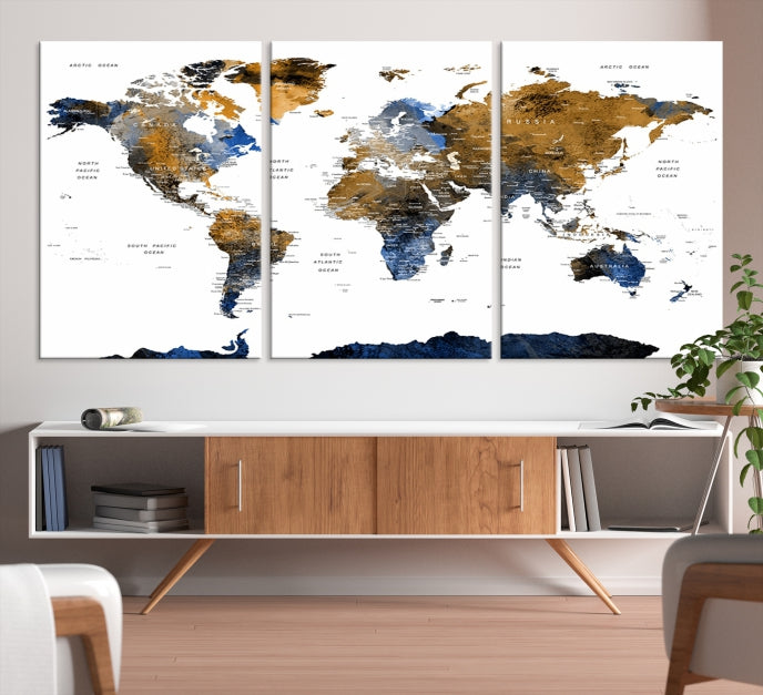 Extra Large Dark Colored Blue Brown World Map Wall Art Canvas Print