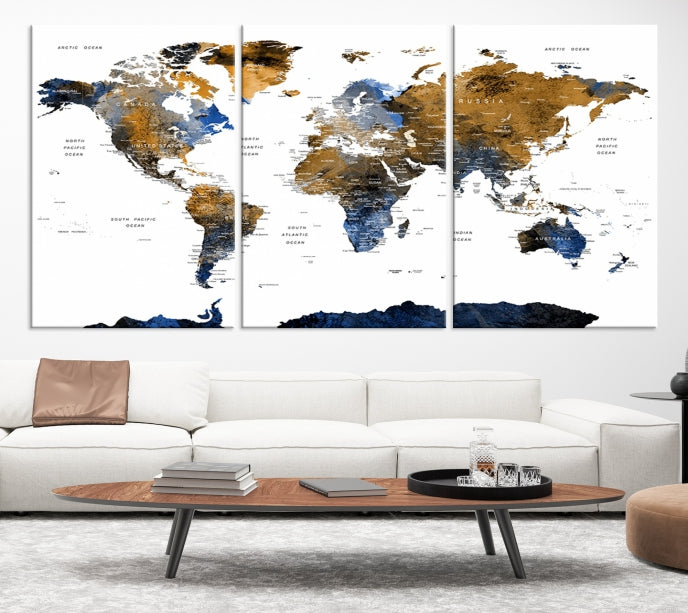 Extra Large Dark Colored Blue Brown World Map Wall Art Canvas Print