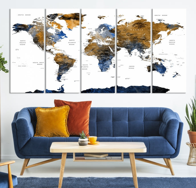 Extra Large Dark Colored Blue Brown World Map Wall Art Canvas Print