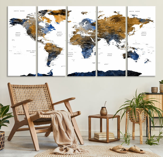 Extra Large Dark Colored Blue Brown World Map Wall Art Canvas Print