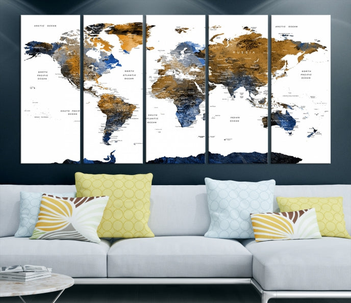 Extra Large Dark Colored Blue Brown World Map Wall Art Canvas Print