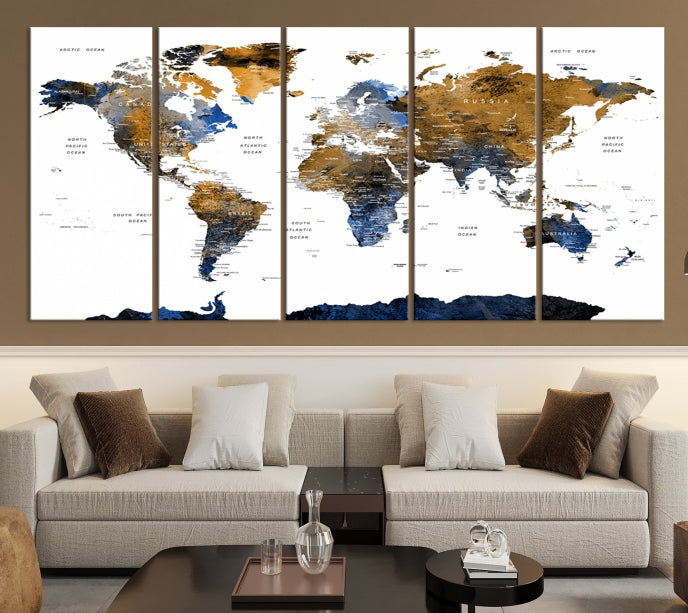 Extra Large Dark Colored Blue Brown World Map Wall Art Canvas Print