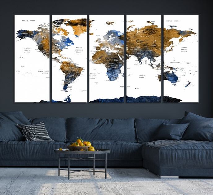 Extra Large Dark Colored Blue Brown World Map Wall Art Canvas Print