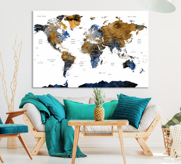 Extra Large Dark Colored Blue Brown World Map Wall Art Canvas Print