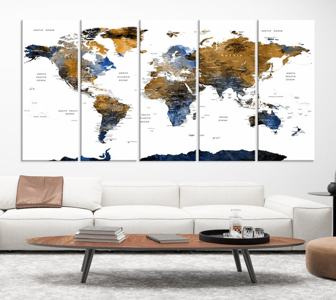 Extra Large Dark Colored Blue Brown World Map Wall Art Canvas Print