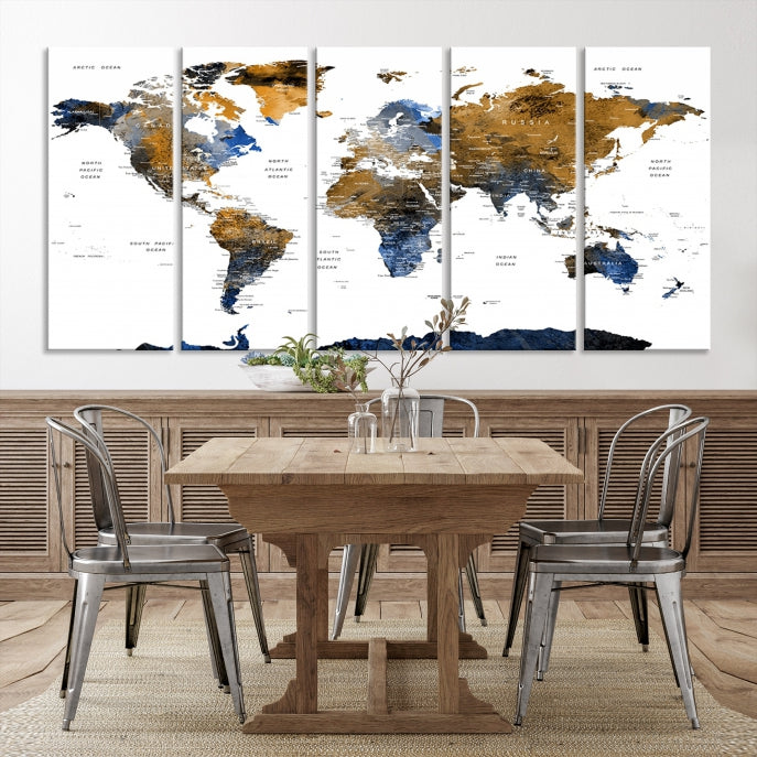 Extra Large Dark Colored Blue Brown World Map Wall Art Canvas Print