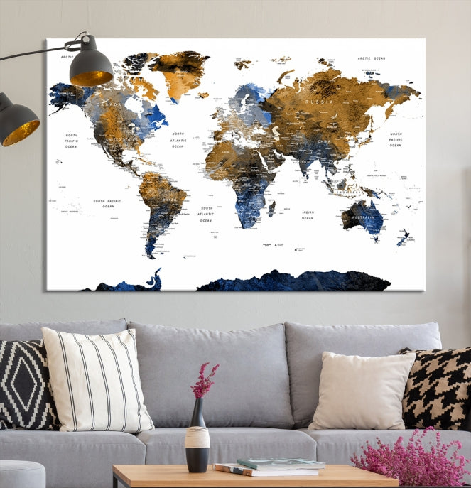 Extra Large Dark Colored Blue Brown World Map Wall Art Canvas Print