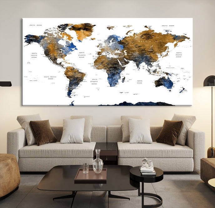 Extra Large Dark Colored Blue Brown World Map Wall Art Canvas Print