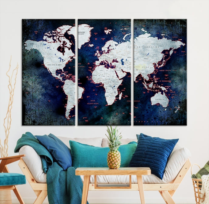 Extra Large Dark Colors Push Pin World Map Wall Art Print Framed Canvas Map