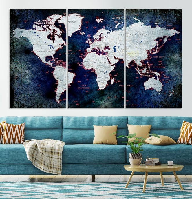 Extra Large Dark Colors Push Pin World Map Wall Art Print Framed Canvas Map