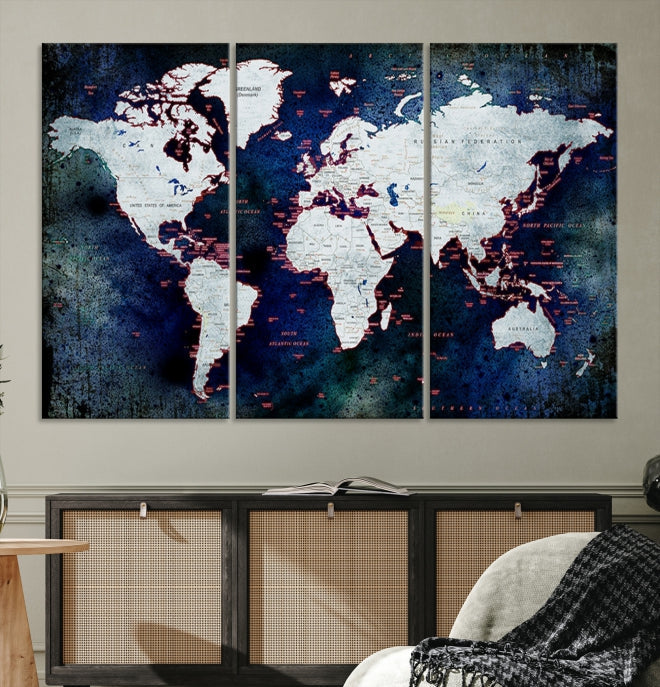 Extra Large Dark Colors Push Pin World Map Wall Art Print Framed Canvas Map