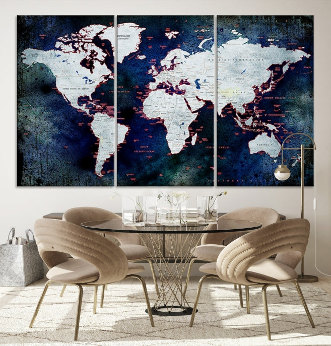 Extra Large Dark Colors Push Pin World Map Wall Art Print Framed Canvas Map