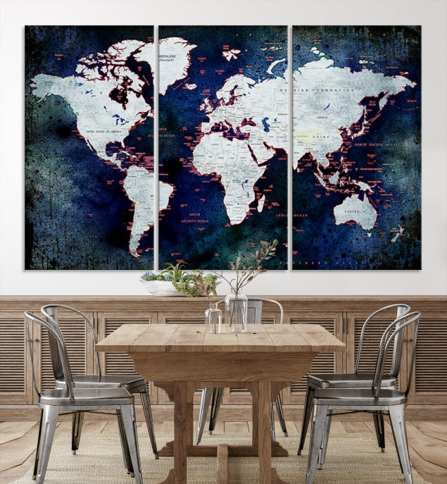 Extra Large Dark Colors Push Pin World Map Wall Art Print Framed Canvas Map