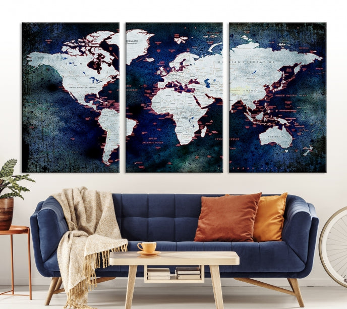 Extra Large Dark Colors Push Pin World Map Wall Art Print Framed Canvas Map