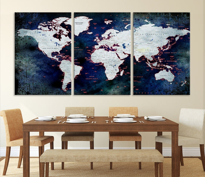 Extra Large Dark Colors Push Pin World Map Wall Art Print Framed Canvas Map