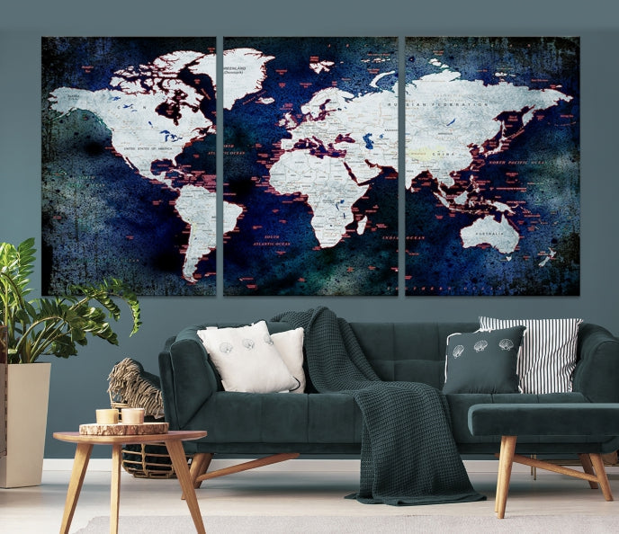 Extra Large Dark Colors Push Pin World Map Wall Art Print Framed Canvas Map