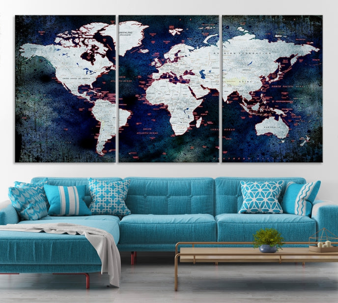 Extra Large Dark Colors Push Pin World Map Wall Art Print Framed Canvas Map