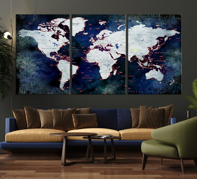 Extra Large Dark Colors Push Pin World Map Wall Art Print Framed Canvas Map