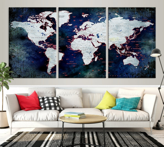 Extra Large Dark Colors Push Pin World Map Wall Art Print Framed Canvas Map