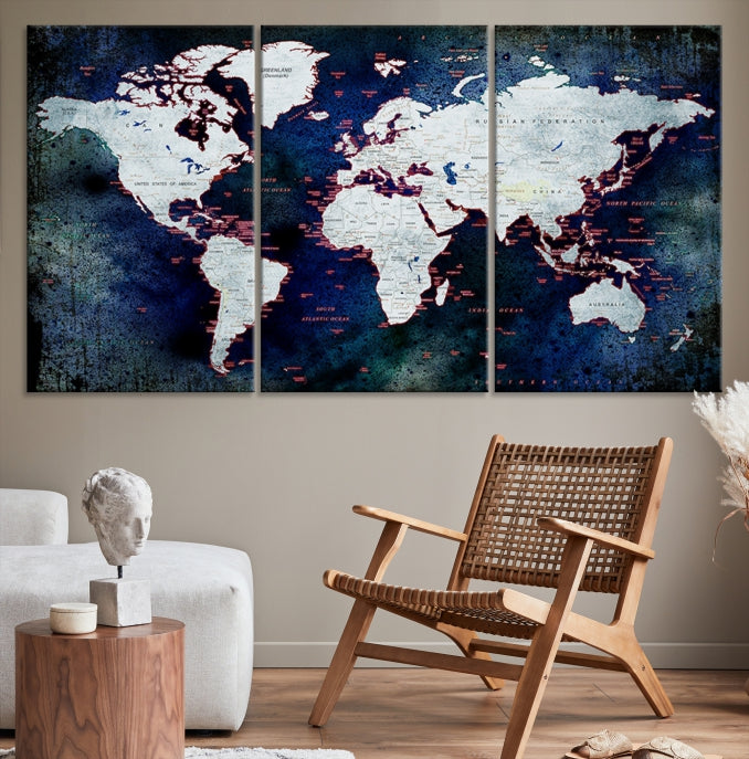 Extra Large Dark Colors Push Pin World Map Wall Art Print Framed Canvas Map