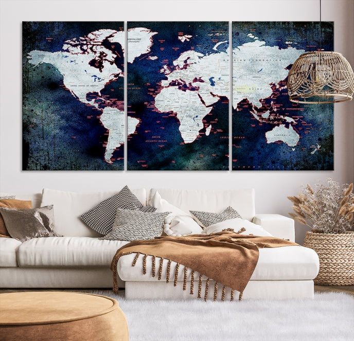 Extra Large Dark Colors Push Pin World Map Wall Art Print Framed Canvas Map