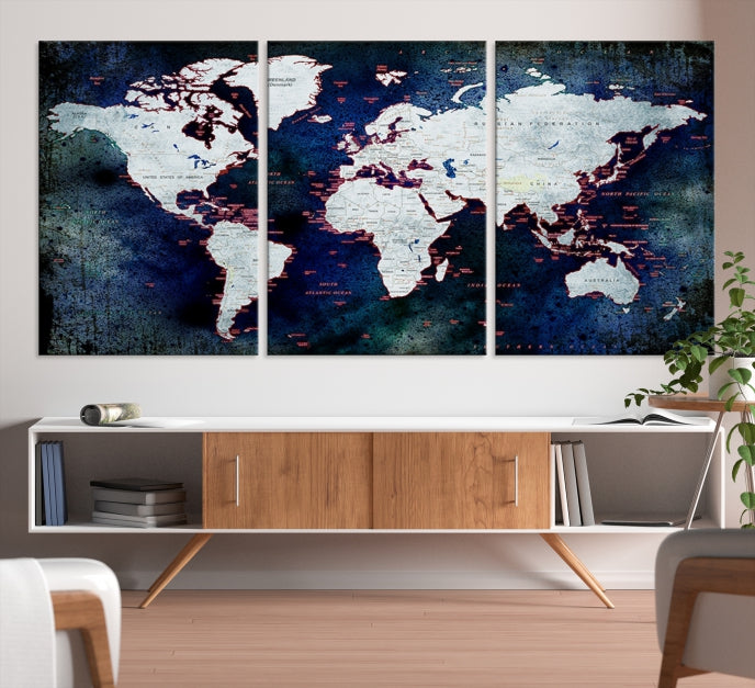 Extra Large Dark Colors Push Pin World Map Wall Art Print Framed Canvas Map