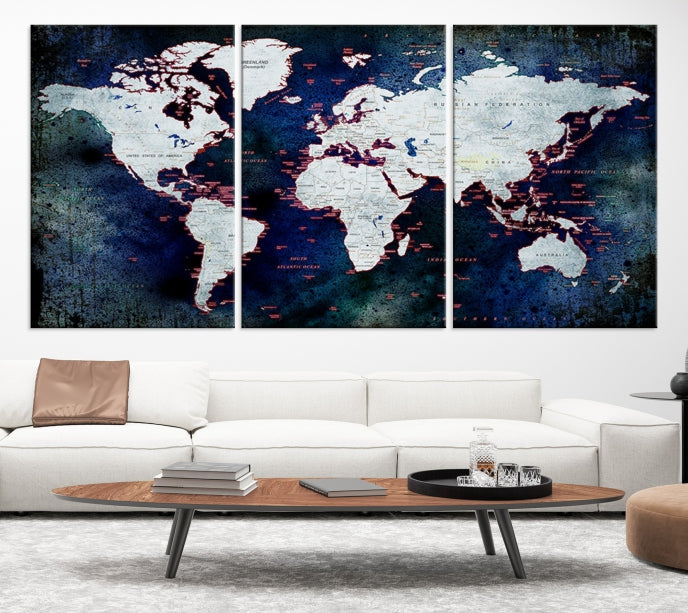 Extra Large Dark Colors Push Pin World Map Wall Art Print Framed Canvas Map