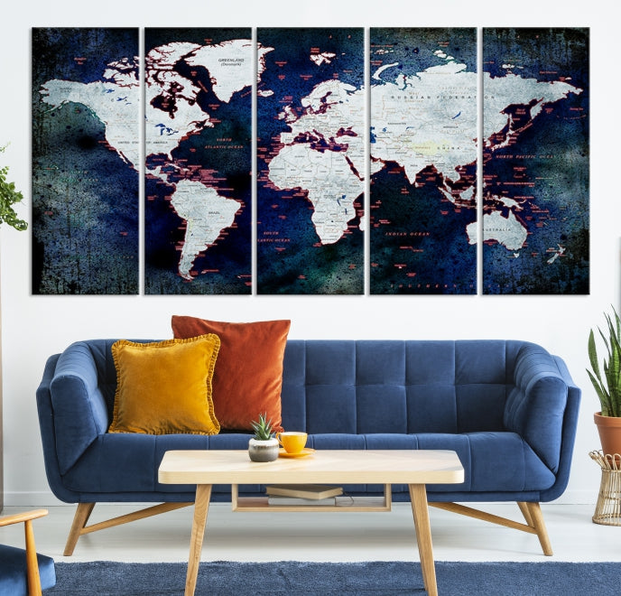 Extra Large Dark Colors Push Pin World Map Wall Art Print Framed Canvas Map