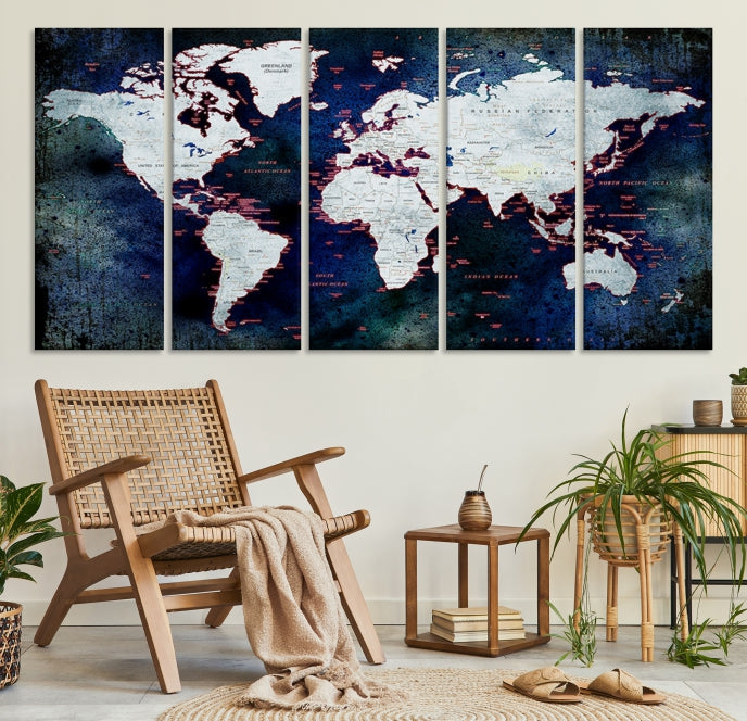 Extra Large Dark Colors Push Pin World Map Wall Art Print Framed Canvas Map