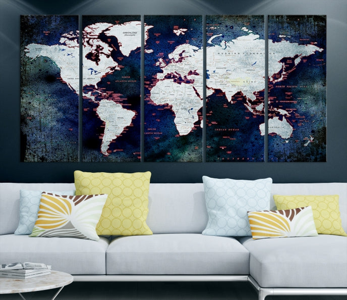 Extra Large Dark Colors Push Pin World Map Wall Art Print Framed Canvas Map