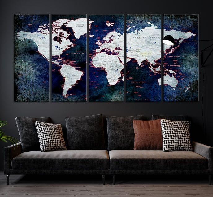 Extra Large Dark Colors Push Pin World Map Wall Art Print Framed Canvas Map