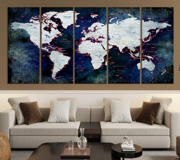 Extra Large Dark Colors Push Pin World Map Wall Art Print Framed Canvas Map