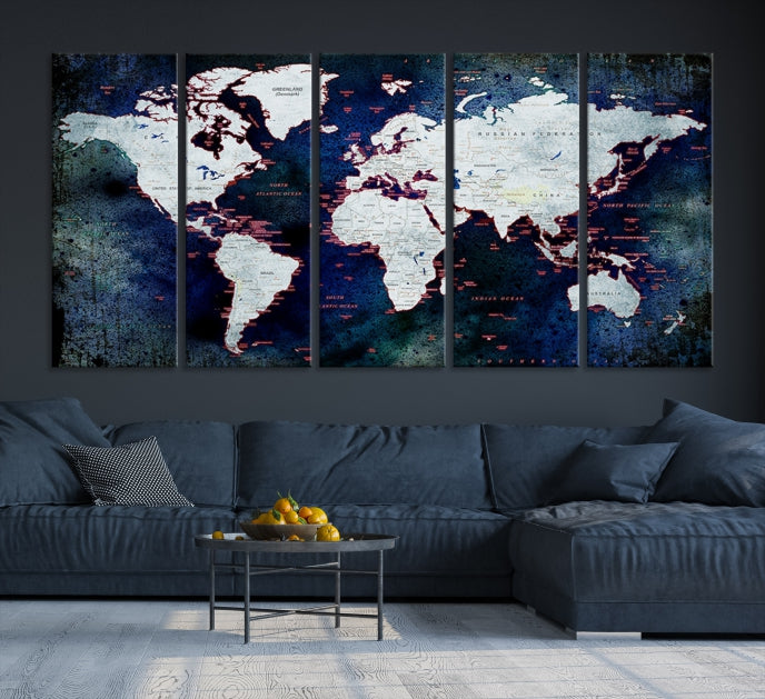 Extra Large Dark Colors Push Pin World Map Wall Art Print Framed Canvas Map