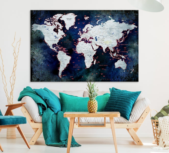 Extra Large Dark Colors Push Pin World Map Wall Art Print Framed Canvas Map