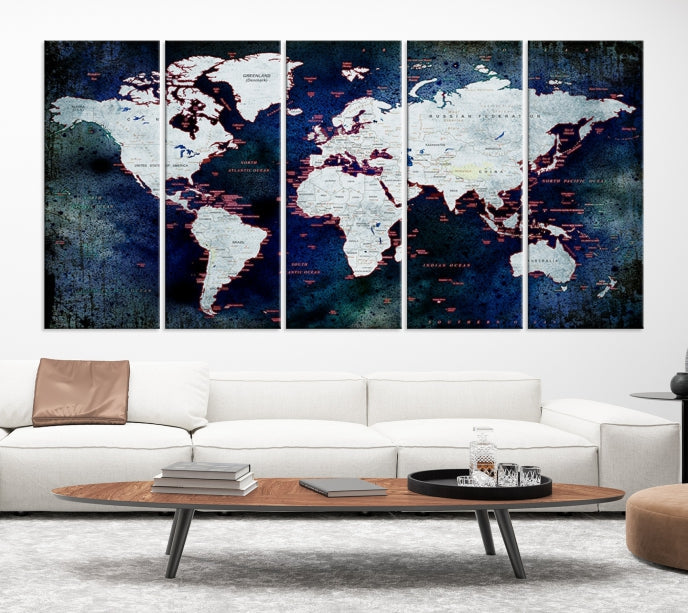 Extra Large Dark Colors Push Pin World Map Wall Art Print Framed Canvas Map