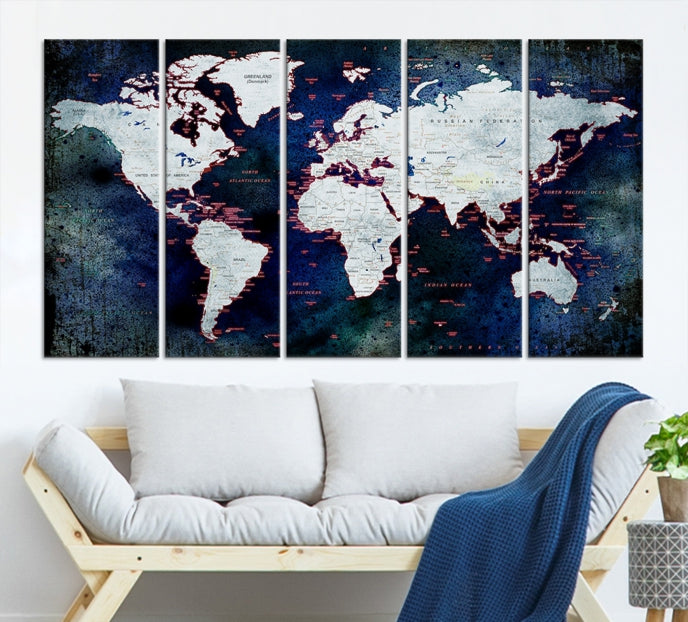 Extra Large Dark Colors Push Pin World Map Wall Art Print Framed Canvas Map