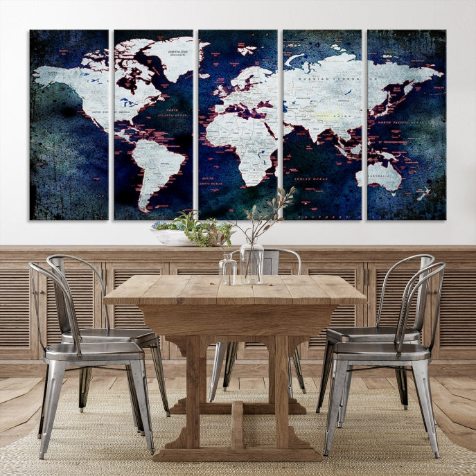 Extra Large Dark Colors Push Pin World Map Wall Art Print Framed Canvas Map