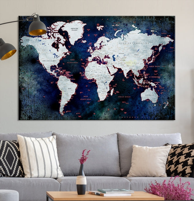 Extra Large Dark Colors Push Pin World Map Wall Art Print Framed Canvas Map