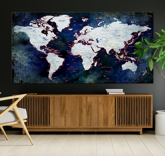 Extra Large Dark Colors Push Pin World Map Wall Art Print Framed Canvas Map