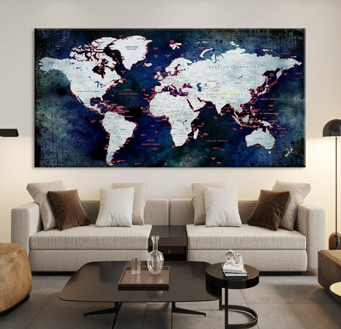 Extra Large Dark Colors Push Pin World Map Wall Art Print Framed Canvas Map