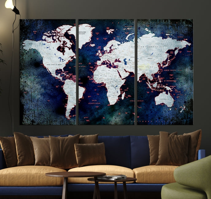 Extra Large Dark Colors Push Pin World Map Wall Art Print Framed Canvas Map