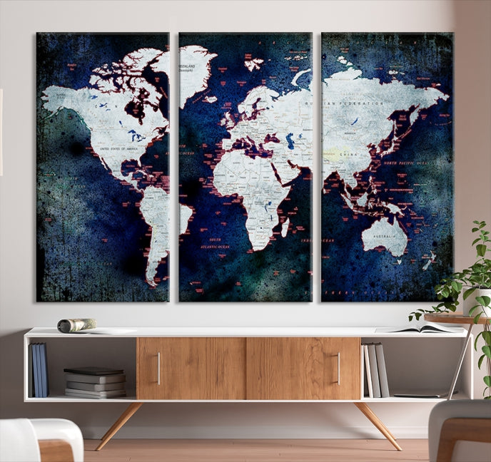 Extra Large Dark Colors Push Pin World Map Wall Art Print Framed Canvas Map