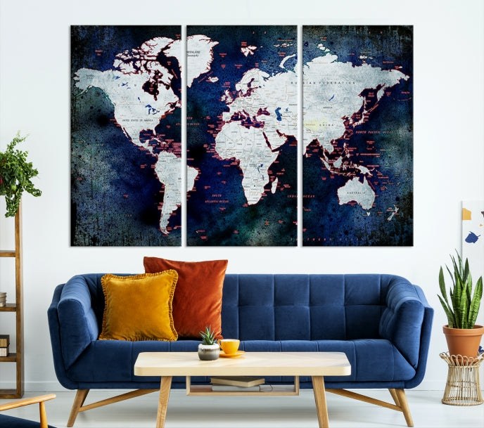 Extra Large Dark Colors Push Pin World Map Wall Art Print Framed Canvas Map