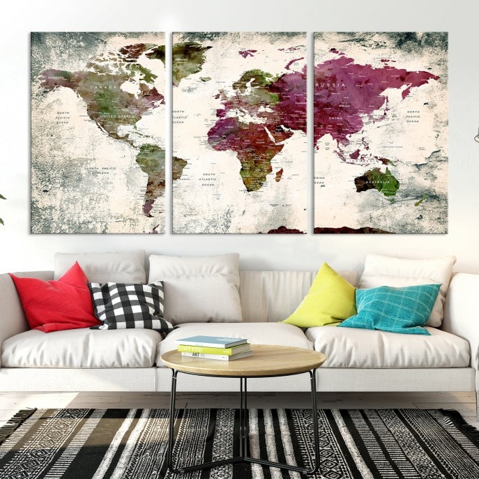 Extra Large Detailed World Map Canvas Wall Art Push Pin Travel Map Print