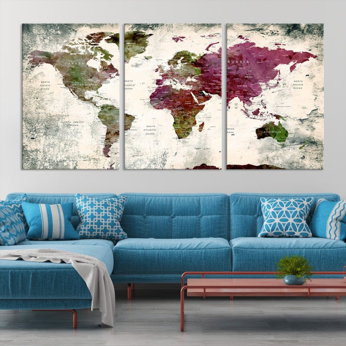 Extra Large Detailed World Map Canvas Wall Art Push Pin Travel Map Print