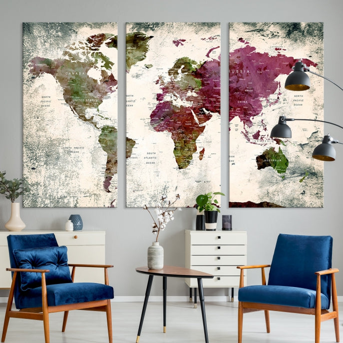 Extra Large Detailed World Map Canvas Wall Art Push Pin Travel Map Print